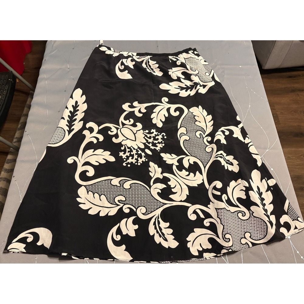 Nygard Collection 100% Silk Midi Skirt Black Cream Baroque Damask Print Size 6